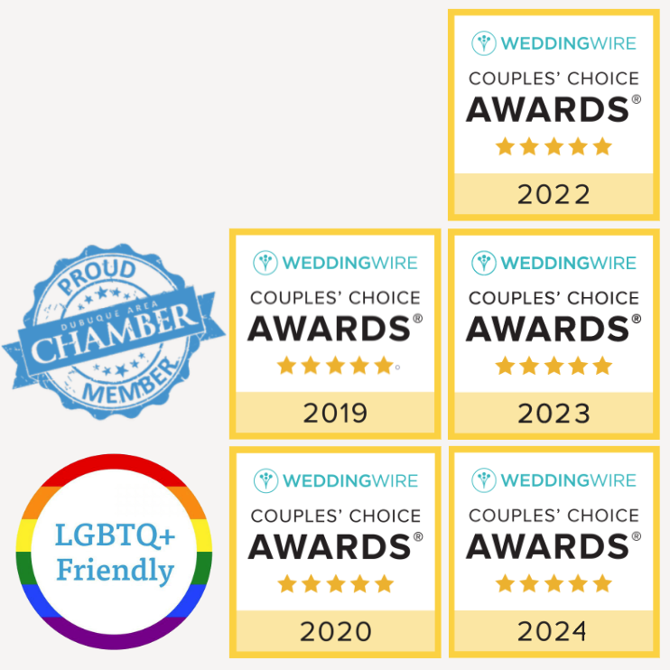 Images of the couples choice awards from wedding wire for 5 years, proud chanmber member logo, LGBTQ+ friendly rainbow logo